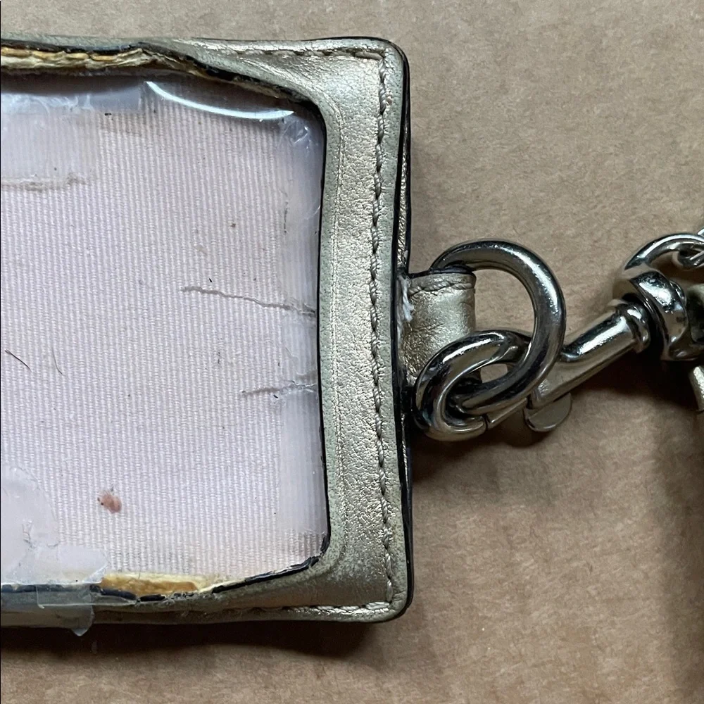 Coach Brown Signature Canvas Lanyard ID Holder with Metallic Trim - Picture 4 of 5